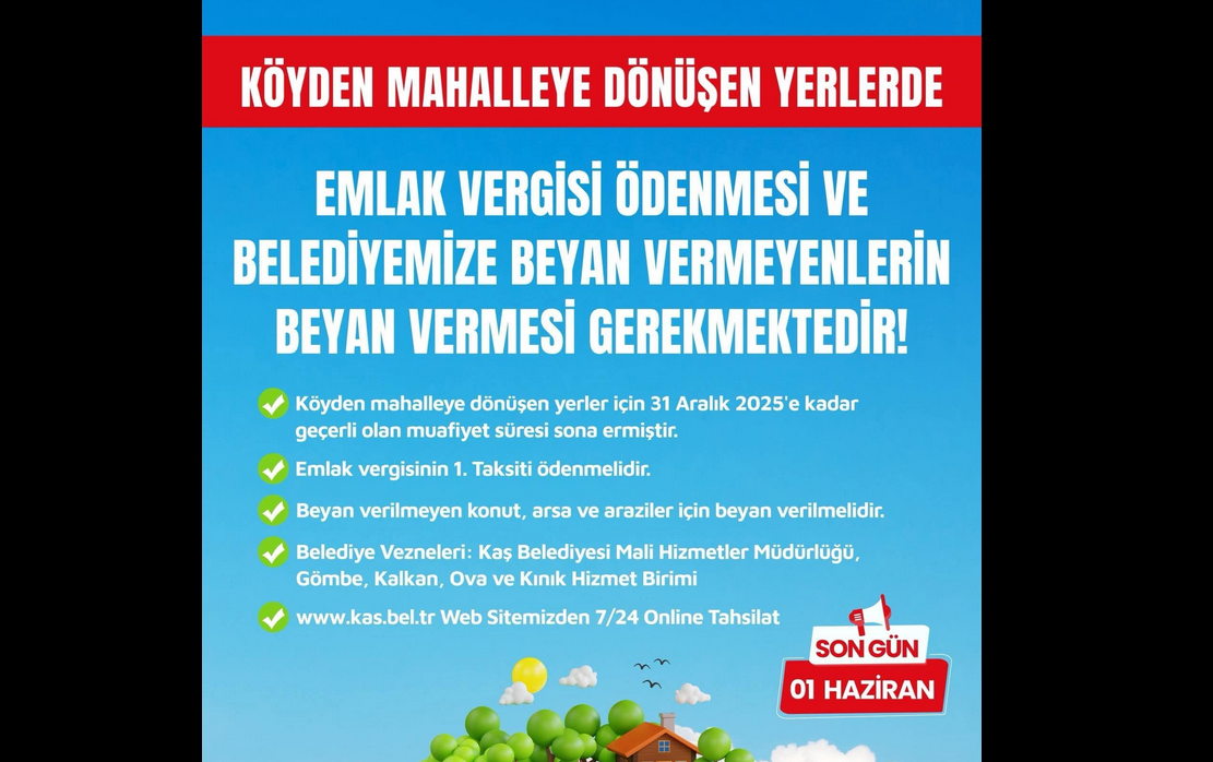  Köyden mahalleye dönüşen yerlerde emlak vergisi muafiyet süresi sona ermiştir.